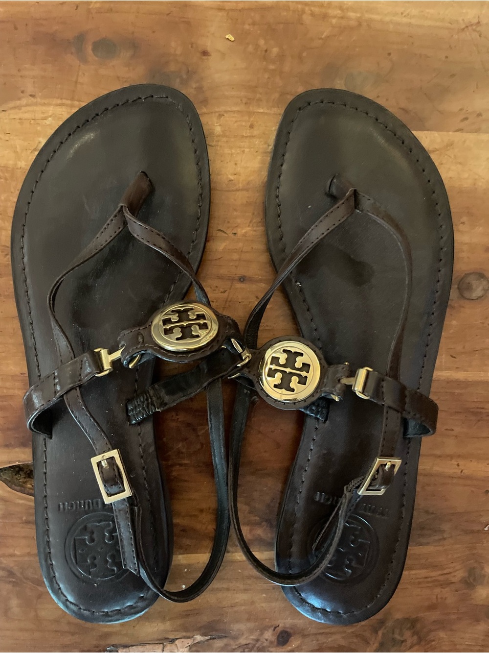 Tory Burch Dark Brown Leather Logo Slingback Sandals with Gold Medallions
